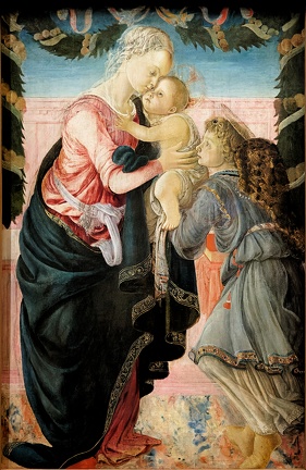 Botticelli : Vierge à l'Enfant soutenu par une ange sous une guirlande